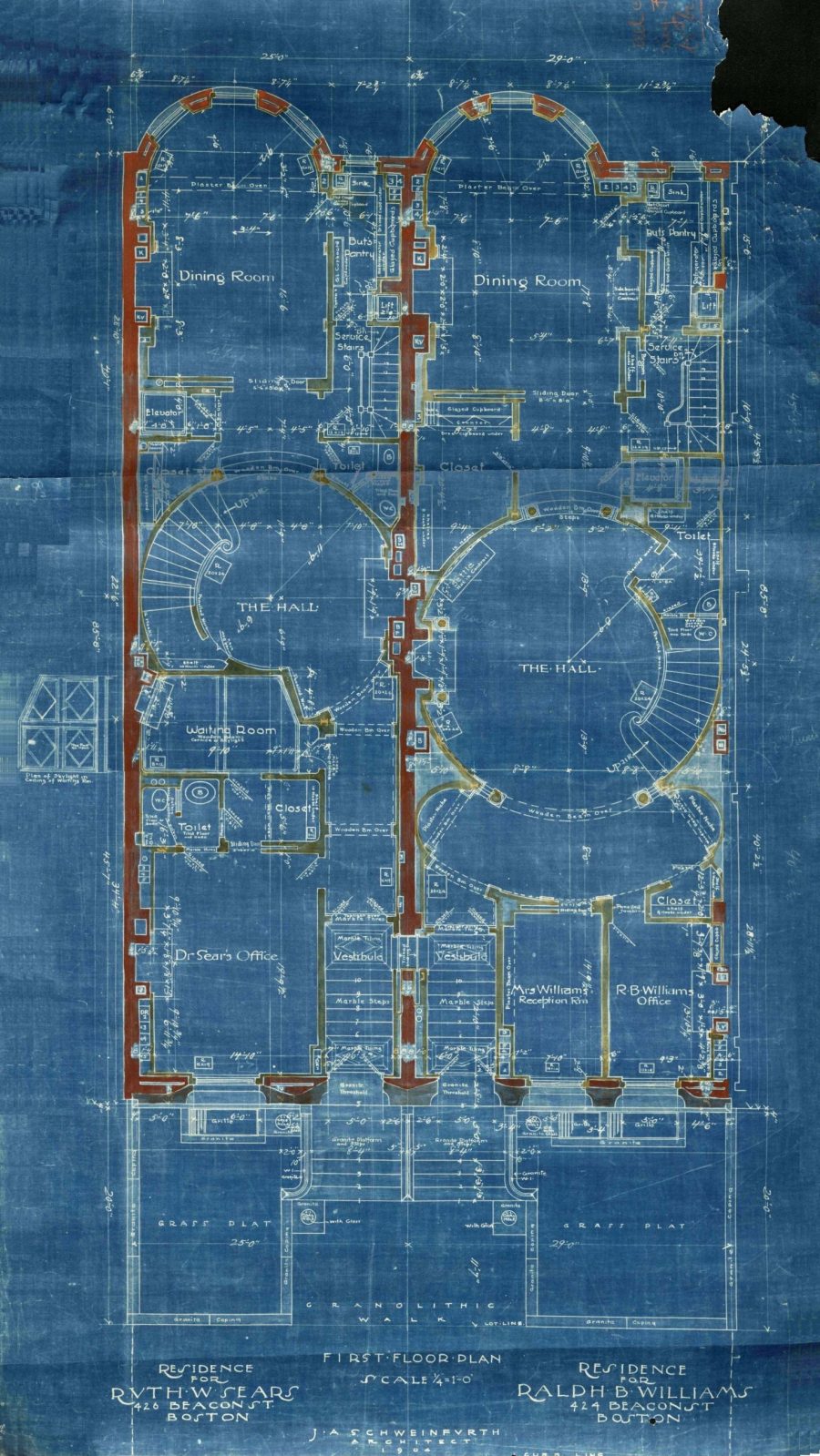 a 1902 blueprint floor plan for two neighboring beacon street residences in boston