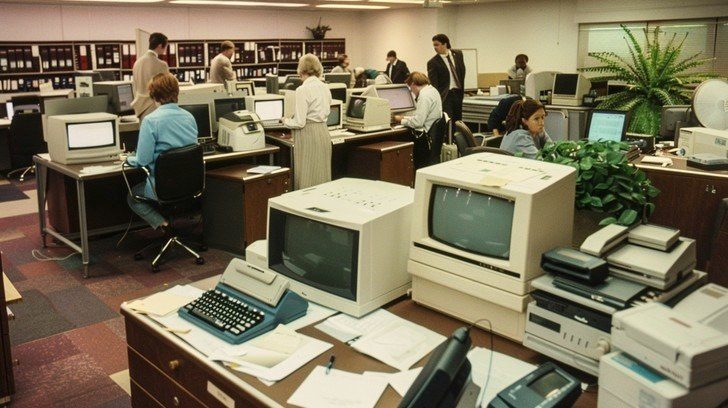 a busy vintage office filled with desks and computers